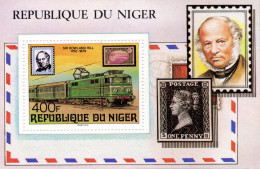 Niger 1979, Train, Stamp On Stamp, Penny Black, Rowland Hill, BF - Stamps On Stamps