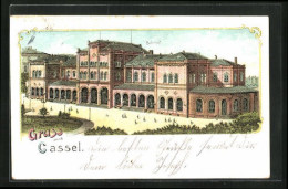 Lithographie Kassel, Bahnhof Mit Passagieren Aus Der Vogelschau  - Kassel