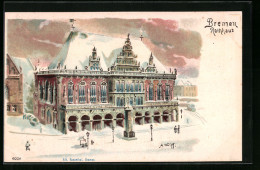 Lithographie Bremen, Rathaus Mit Denkmal  - Bremen