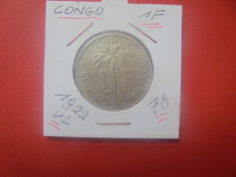 CONGO BELGE 1 FRANC 1922 VL (A.5) - 1910-1934: Albert I.