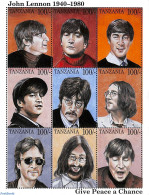 Tanzania 1995 John Lennon 9v M/s, Mint NH, Performance Art - Music - Popular Music - Musique