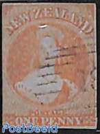New Zealand 1855 1d Orangered On Blue Paper, Used, Used Stamps - Gebraucht