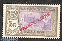 French India 1941 3R, FRANCE LIBRE, Stamp Out Of Set, Mint NH - Nuevos