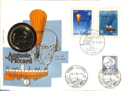 San Marino 1984 Coin Letter, Auguste Picard, Stamps + Swiss 5Fr Coin, Postal History, Transport - Balloons - Brieven En Documenten