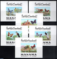 Manama 1972 Birds, Butterflies 6 S/s, Mint NH, Nature - Birds - Butterflies - Manama