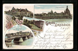 Lithographie Dresden, Ausstellungs-Halle, Carolabrücke Und Finanzministerium  - Dresden