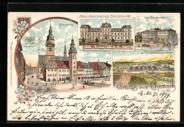 Lithographie Chemnitz, Marktplatz, Kgl. Gymnasium, Stiftung V. Zimmermann`sche Naturheilanstalt  - Chemnitz