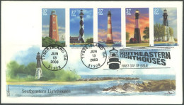 UNITED STATES 2003 LIGHTHOUSES STRIP OF 5 ON UNADDRESSED, CACHETED FIRST DAY COVER - Fari