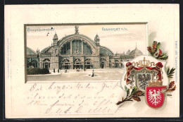 Passepartout-Lithographie Frankfurt, Hauptbahnhof Mit Passagieren, Wappen  - Frankfurt A. Main