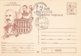 BUCHAREST UNIVERSITY ANNIVERSARY, AL. ORASCU, AL.I. CUZA, POSTCARD STATIONERY, 1989, ROMANIA - Ganzsachen