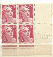 FRANCE N° 712 1F50 ROSE CARMIN TYPE MARIANNE DE GANDON TRAIT SUR L'EPAULE BLOC DE 4 NEUF SANS CHARNIERE - Unused Stamps