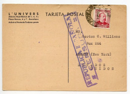 Spain 1937 Postcard; Barelona - Iberia Carto-Filatelic To Albany, New York; 25c. Manuel Ruiz-Zorrila; Censor Handstamp - Cartas & Documentos