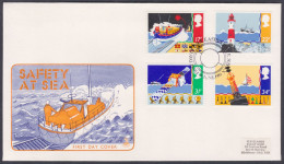 GB Great Britain 1985 Private FDC Safety At Sea, Lighthouse, Boat, Satellite, Coastguard, Coast Guard, First Day Cover - Covers & Documents