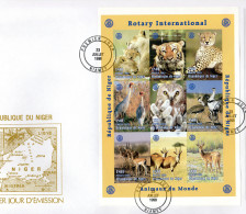 Niger 1998, Rotary, Owl, Tiger, Lions, Birds, 9val In BF  IMPERFORATED In FDC - Grues Et Gruiformes