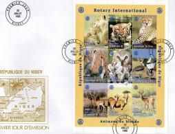 Niger 1998, Rotary, Owl, Tiger, Lions, Birds, 9val In BF  In FDC - Kraanvogels En Kraanvogelachtigen