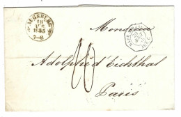 1855 - Letter From AUGSBURG  To Paris  Rating 10 - Entrance Hexag.  Black  BADE STRASB.  AMB. C - Storia Postale