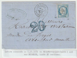 1332p - BOURBONNE Les BAINS Haute Marne Pour ARS Sur MOSELLE - 6 Octobre 71 - 25 Ctes Ceres + Taxe Tampon 20 Ctes - Guerre De 1870