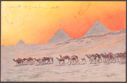 F-EX45326 EGYPT 1912 POSTCARD ALEXANDRIE ARCHEOLOGY CAMELS & PYRAMIDS TO SPAIN.  - Piramidi