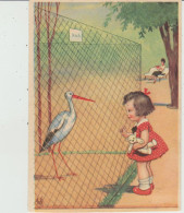 CPA ILLUSTRATEUR WILLI SCHEUERMANN : FILLETTE Et SON OURSON AU ZOO DEVANT UNE CIGOGNE - Scheuermann, Willi