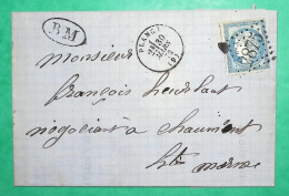 N°60A GC 2875 PLANCY AUBE BM BOITE MOBILE DEPART ARCIS SUR AUBE POUR CHAUMONT HAUTE MARNE 1873 LETTRE COVER FRANCE - Railway Post