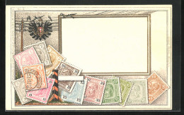 Künstler-AK Österreich, Briefmarken Und Wappen, Vögel Auf Telegraphenmast  - Timbres (représentations)