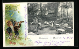 AK Eberswalde, Gasthausgarten Wasserfall Mit Denkmal, Zwerge Mit Fernrohr  - Eberswalde