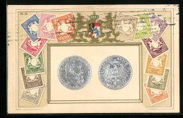 AK Briefmarken Und Wappen Bayerns, 2-Mark-Münze Prinz Luitpold  - Postzegels (afbeeldingen)