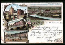 Lithographie Metz, Vue Générale, Deutsches Tor, Pionier Caserne  - Metz