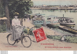 J19-92) D ' ASNIERES JE VOUS ENVOIE MES AMITIES - LE PONTON DU PASSEUR + FEMME VELO - ( 2 SCANS ) - Asnieres Sur Seine