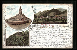 Lithographie Kelbra A. Kyffhäuser, Teilansicht, Rothenburg, Kaiser Wilhelm-Denkmal  - Kyffhäuser