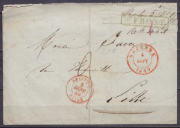 L. Càd OSTENDE /4 SEPT 1849 Pour LILLE - Càd Bureu D'échange "BELGIQUE /5 SEPT 49/ LILLE" & Griffe Verte [R.FRONT.] - Po - 1849 Schulterklappen