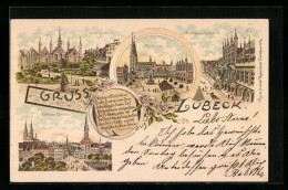 Lithographie Lübeck, Behren`s Hotel V. W. Busemann, Geibel-Denkmal, Marktplatz, Pferdekutsche  - Lübeck