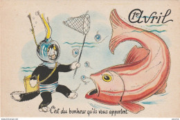 ILLUSTRATEUR ROB VEL - POISSON 1er AVRIL - CHAT SCAPHANDRIER AVEC EPUISETTE  - (PHOTO CHROM TOULOUSE - 2 SCANS) - April Fool's Day