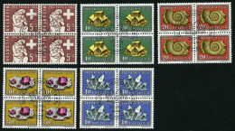 SCHWEIZ BUNDESPOST 657-61  VB O, 1958, Pro Patria In Viererblocks Mit Zentrischen Ersttagsstempeln, Prachtsatz - Gebruikt