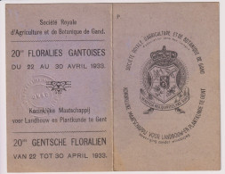 Gent Gand - Lidkaart Kon. Maatschappij Land & Tuinbouw - 20° Floraliën - 1933 - Mitgliedskarten