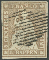 SCHWEIZ BUNDESPOST 13IIAzm O, 1854, 5 Rp. Mittelgraubraun, Seidenpapier, Berner Druck II,(Zst. 22F), Links Teils Leicht  - Autres & Non Classés