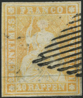 SCHWEIZ BUNDESPOST 16IIAym O, 1854, 20 Rp. Gelborange, Berner Druck I, (Zst. 25Bc), Allseits Breitrandig, Kleine Helle S - Gebraucht