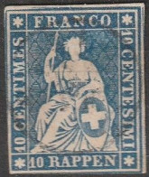 Schweiz: 1854, Mi. Nr. 14, Freimarke: 10 Rp. Sitzende Helvetia, (sogen. „Strubel“).   Gestpl./used - Gebraucht