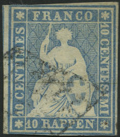 SCHWEIZ BUNDESPOST 14Ib O, 1854, 10 Rp. Mittelblau, 2. Münchener Druck, (Zst. 23A), Schmal-breitrandig, Pracht, Gepr. Vo - Oblitérés