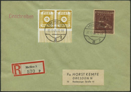 MEISSEN 38bB BRIEF, 1946, 12 Pf. Dkl`lilabraun Wiederaufbau, Ungezähnt, Mit Zusatzfrankatur Auf Kempe-Einschreibbrief Vo - Private & Local Mails