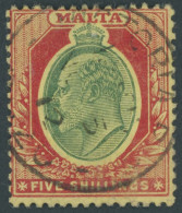 MALTA 40 O, 1911, 5 Sh. Karmin/hellgrün Auf Gelb, Feinst, Mi. 110.- - Malte