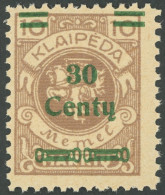 MEMELGEBIET 222 **, 1923, 30 C. Auf 10 M. Hellbraun, Postfrisch, Pracht, Mi. 250.- - Memelland 1923