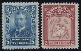 KANADA - NEUFUNDLAND 66/7 *, 1899/1908, 5 C. König Georg V Und 2 C. Landkarte, Falzrest, 2 Prachtwerte, Mi. 95.- - 1857-1861