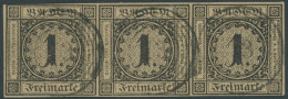 BADEN 1b O, 1851, 1 Kr. Schwarz Auf Braun Im Waagerechten Dreierstreifen, Linke Marke Oben Links Minimal Tangiert Sonst  - Usati