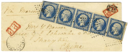 PC 3574 / N° 14 Bande De 5 (2 Ex Def) Càd T 15 VIENNE-LE-CHATEAU (49) Sur Lettre Pour Shangaï. Au Verso, Càd De Transit  - 1853-1860 Napoleone III