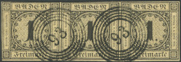 BADEN 1a O, 1851, 1 Kr. Schwarz Auf Sämisch Im Waagerechten Dreierstreifen Mit Nummernstempel 93 (MOSBACH), Fotoattest P - Usati