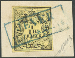 OLDENBURG 4a BrfStk, 1859, 1/10 Th. Schwarz Auf Hellgelb, Blauer R2 JEVER, Kabinettbriefstück, Gepr. Pfenninger - Oldenbourg