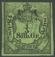 OLDENBURG 1 O, 1855, 1/3 Sgr. Schwarz Auf Grünoliv, Blauer R2 ELSFLETH, Oben Leicht Angeschnitten Und Kleine Knitterspur - Oldenbourg