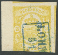 OLDENBURG 14 O, 1861, 3 Gr. Graugelb, Linkes Randstück (5 Mm!), Unten Angeschnitten Sonst Sehr Breitrandig Mit Teilen De - Oldenbourg