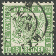 BADEN 21a O, 1862, 18 Kr. Grün, K2 MANNHEIM, Repariert Wie Pracht, Mi. (700.-) - Afgestempeld